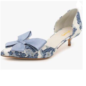 XYD Blue Bloom Embroidery D'Orsay Kitten Heel Bridal Bowknot Closed Toe Pumps